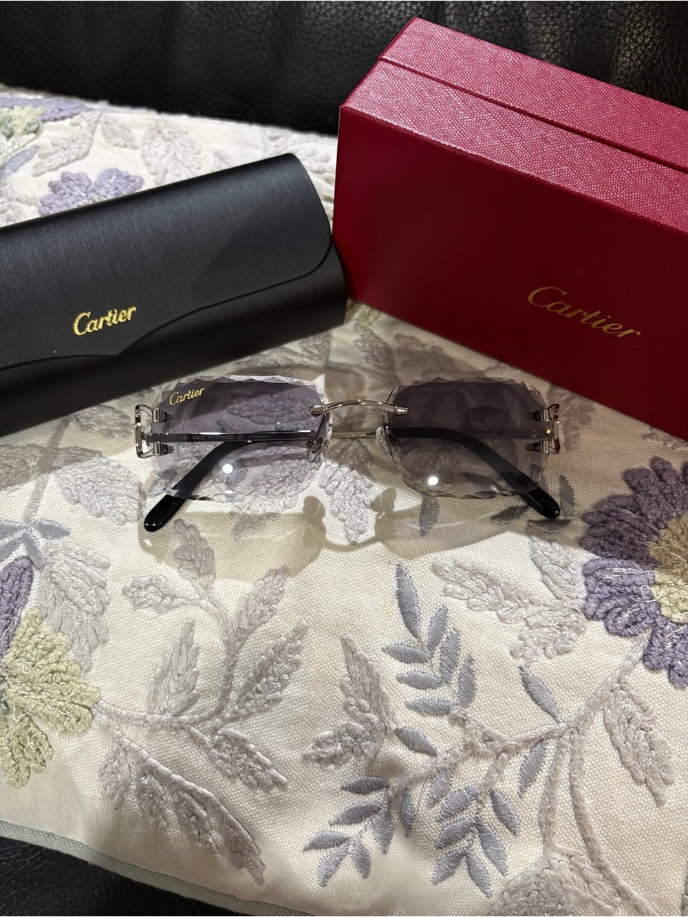 Cartier Men’s Rimless Sunglasses - Black Temples with Gray Lenses